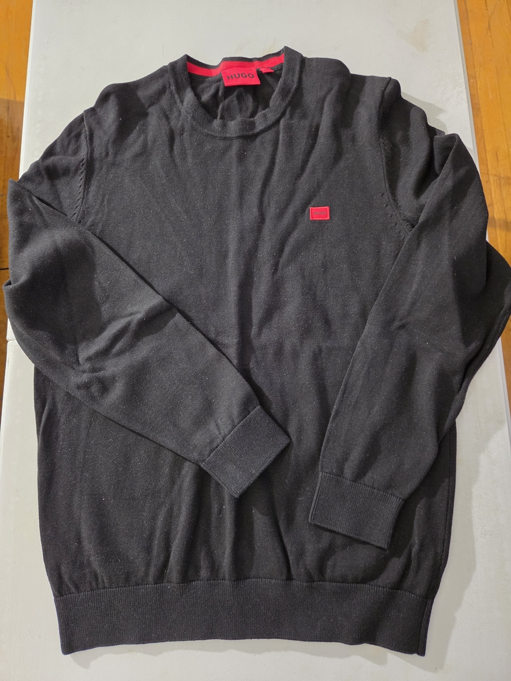 HUGO Black Crewneck Sweater with Red Logo Patch
